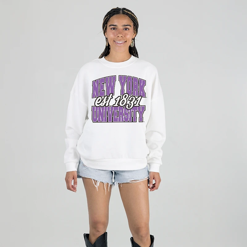 Women's Gameday Couture White NYU Violets Oversized Faded Formation Premium Fleece Sweatshirt