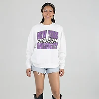 Women's Gameday Couture White NYU Violets Oversized Faded Formation Premium Fleece Sweatshirt