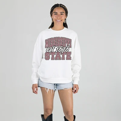 Women's Gameday Couture White Mississippi State Bulldogs Oversized Faded Formation Premium Fleece Sweatshirt