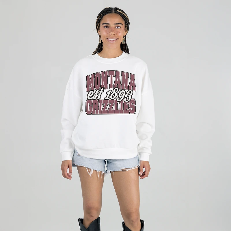 Women's Gameday Couture White Montana Grizzlies Oversized Faded Formation Premium Fleece Sweatshirt