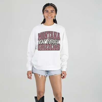 Women's Gameday Couture White Montana Grizzlies Oversized Faded Formation Premium Fleece Sweatshirt