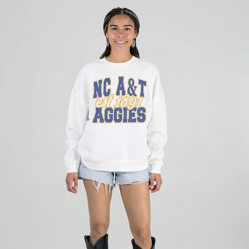 Women's Gameday Couture White North Carolina A&T Aggies Oversized Faded Formation Premium Fleece Sweatshirt