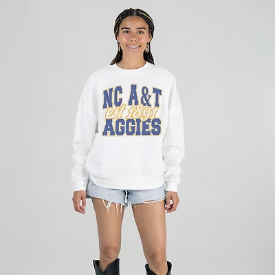 Women's Gameday Couture White North Carolina A&T Aggies Oversized Faded Formation Premium Fleece Sweatshirt