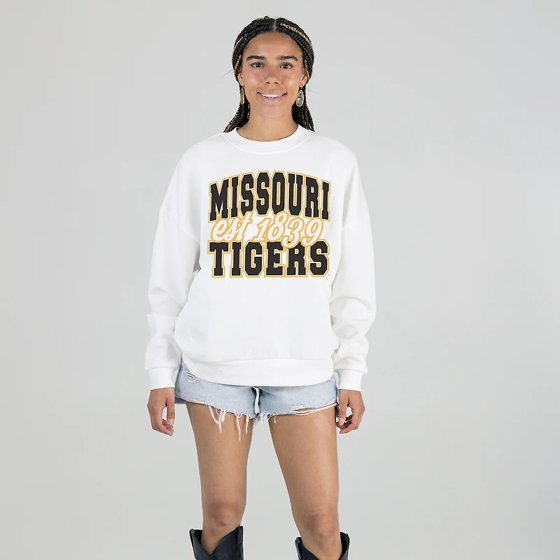 Women's Gameday Couture White Missouri Tigers Oversized Faded Formation Premium Fleece Sweatshirt
