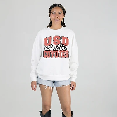 Women's Gameday Couture White South Dakota Coyotes Oversized Faded Formation Premium Fleece Sweatshirt
