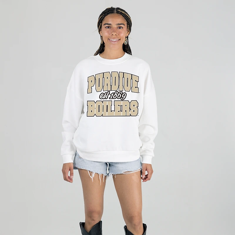 Women's Gameday Couture White Purdue Boilermakers Oversized Faded Formation Premium Fleece Sweatshirt