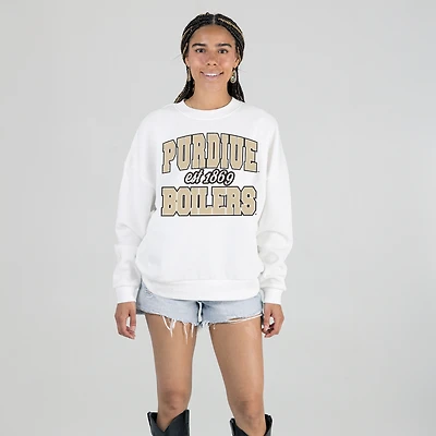 Women's Gameday Couture White Purdue Boilermakers Oversized Faded Formation Premium Fleece Sweatshirt