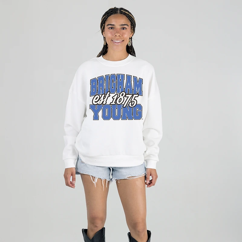 Women's Gameday Couture White BYU Cougars Oversized Faded Formation Premium Fleece Sweatshirt
