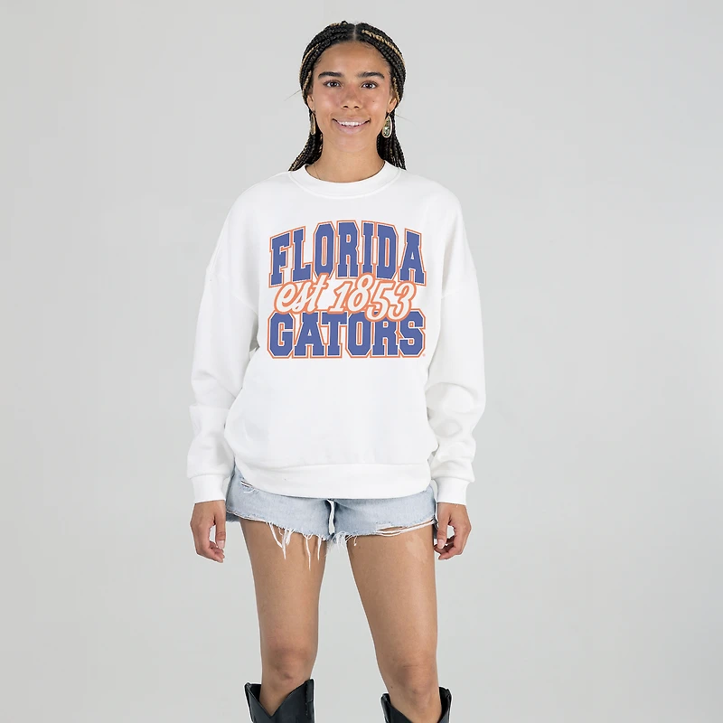 Women's Gameday Couture White Florida Gators Oversized Faded Formation Premium Fleece Sweatshirt