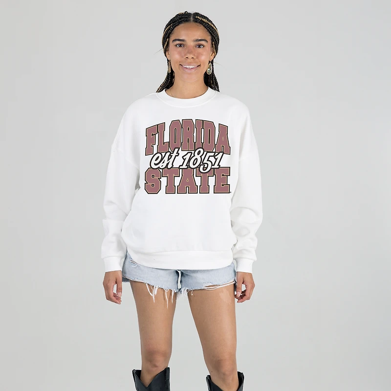 Women's Gameday Couture White Florida State Seminoles Oversized Faded Formation Premium Fleece Sweatshirt