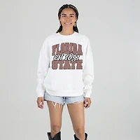Women's Gameday Couture White Florida State Seminoles Oversized Faded Formation Premium Fleece Sweatshirt