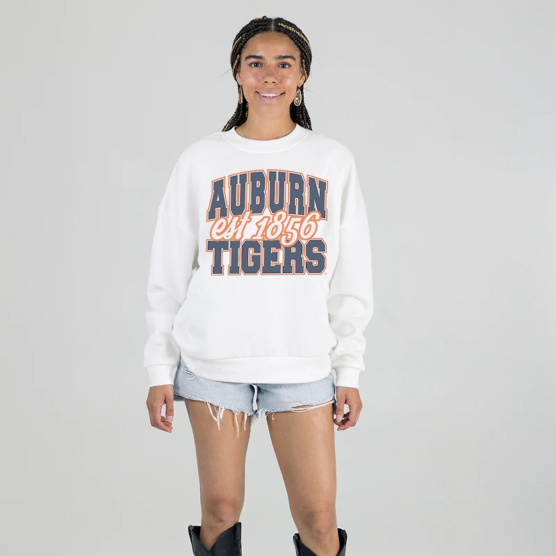 Women's Gameday Couture White Auburn Tigers Oversized Faded Formation Premium Fleece Sweatshirt