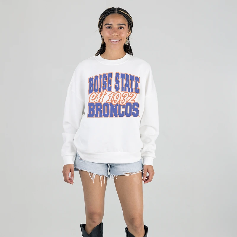 Women's Gameday Couture White Boise State Broncos Oversized Faded Formation Premium Fleece Sweatshirt