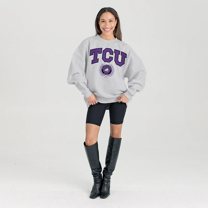 Women's Gameday Couture Ash TCU Horned Frogs Oversized Tradition Refined Premium Fleece Sweatshirt
