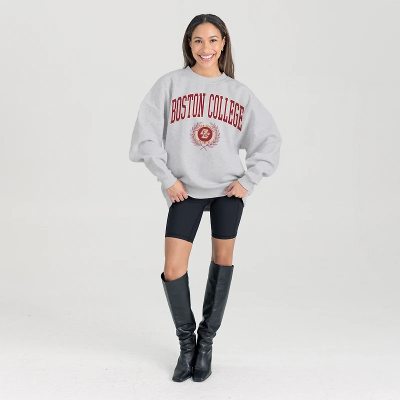 Women's Gameday Couture Ash Boston College Eagles Oversized Tradition Refined Premium Fleece Sweatshirt