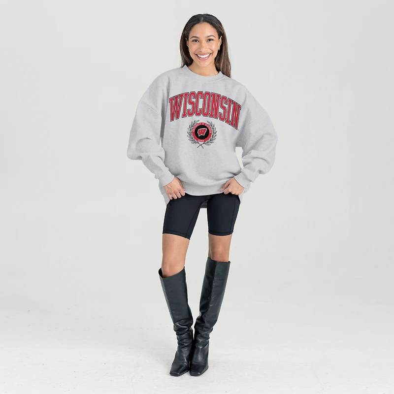 Women's Gameday Couture Ash Wisconsin Badgers Oversized Tradition Refined Premium Fleece Sweatshirt