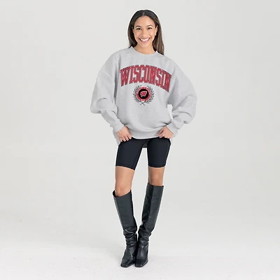 Women's Gameday Couture Ash Wisconsin Badgers Oversized Tradition Refined Premium Fleece Sweatshirt