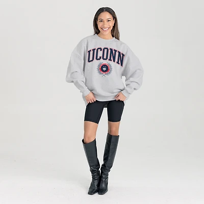 Women's Gameday Couture Ash UConn Huskies Oversized Tradition Refined Premium Fleece Sweatshirt