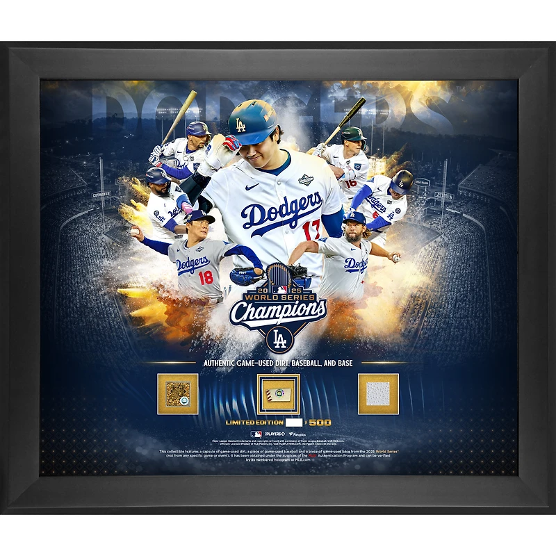 Los Angeles Dodgers 2025 World Series Champions Framed 20" x 24" Collage with Pieces of World Series Game-Used Baseball, Base and Dirt - Limited Edition of 500