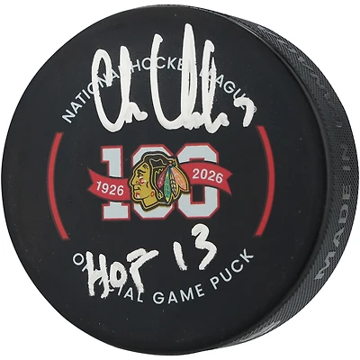 Chris Chelios Chicago Blackhawks Autographed 100th Anniversary Official Game Puck with "HOF 13" Inscription
