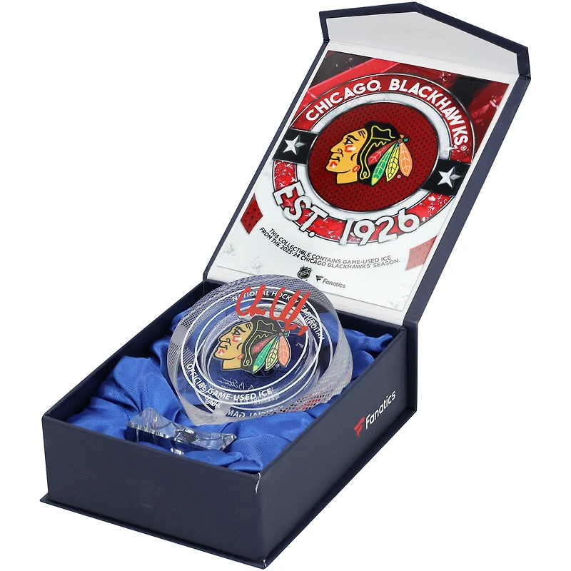 Chris Chelios Chicago Blackhawks Autographed Crystal Puck - Filled with Game-Used Ice from the 2023-24 Season