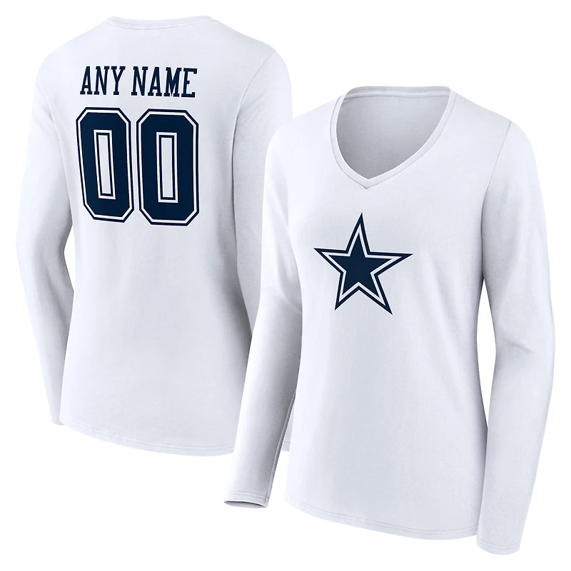 Women's White Dallas Cowboys Team Authentic Personalized Name & Number Long Sleeve V-Neck T-Shirt