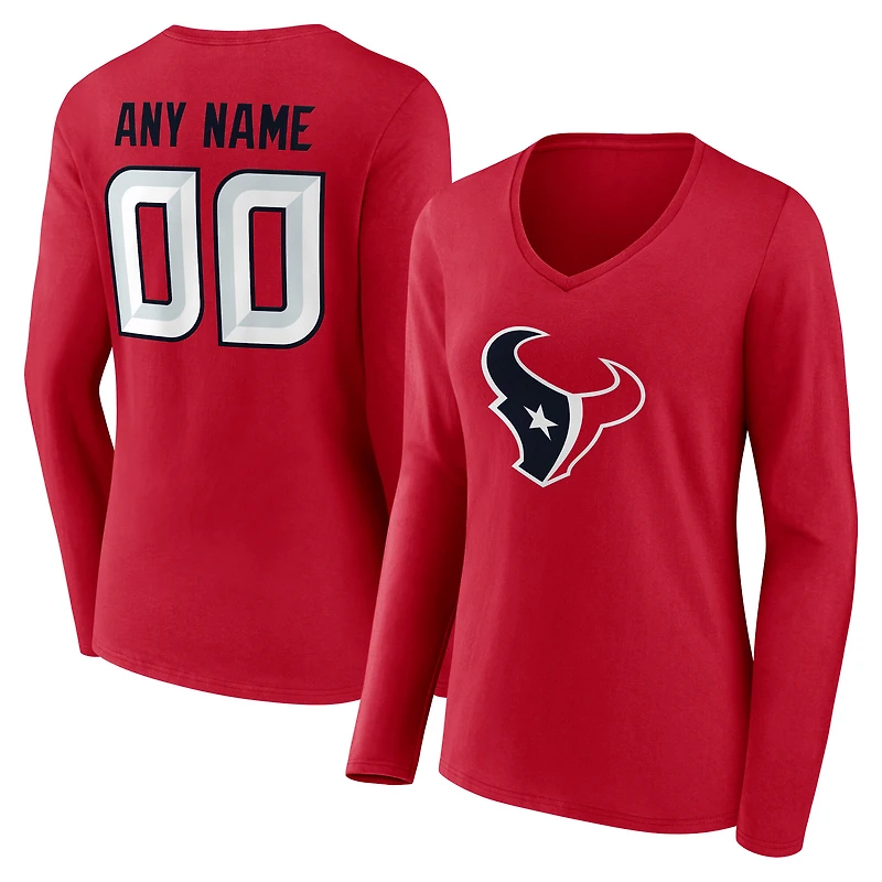 Women's Red Houston Texans Team Authentic Personalized Name & Number Long Sleeve V-Neck T-Shirt
