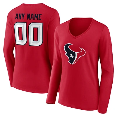 Women's Red Houston Texans Team Authentic Personalized Name & Number Long Sleeve V-Neck T-Shirt