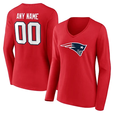 Women's Red New England Patriots Team Authentic Personalized Name & Number Long Sleeve V-Neck T-Shirt