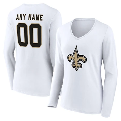Women's White New Orleans Saints Team Authentic Personalized Name & Number Long Sleeve V-Neck T-Shirt