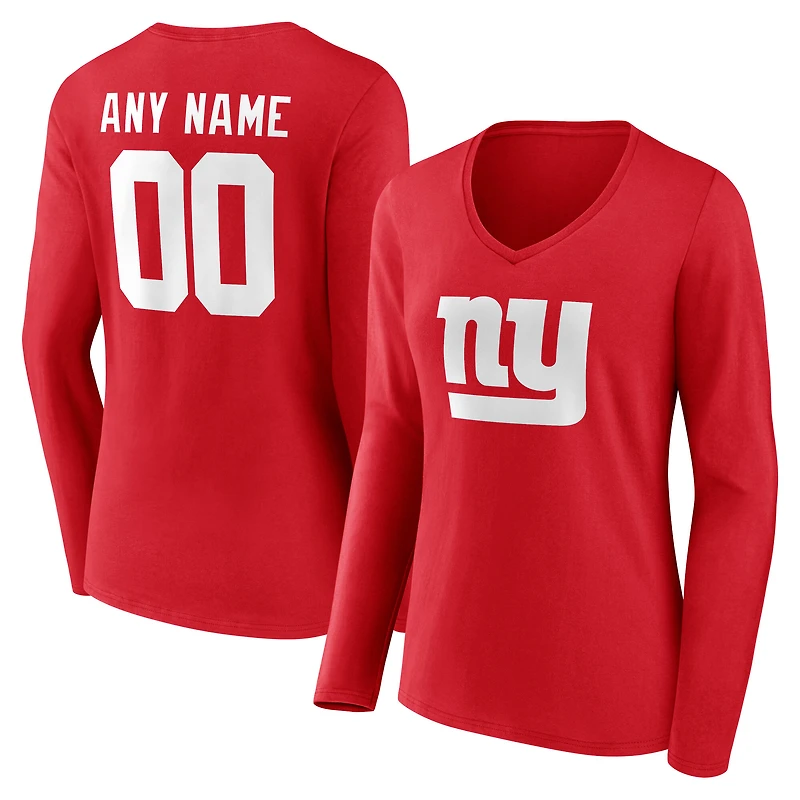 Women's Red New York Giants Team Authentic Personalized Name & Number Long Sleeve V-Neck T-Shirt