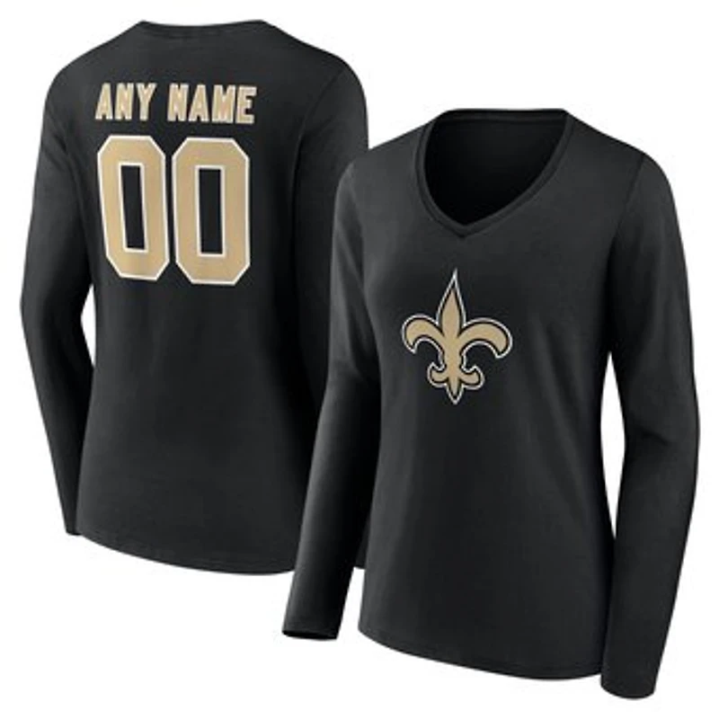 Women's Black New Orleans Saints Team Authentic Personalized Name & Number Long Sleeve V-Neck T-Shirt