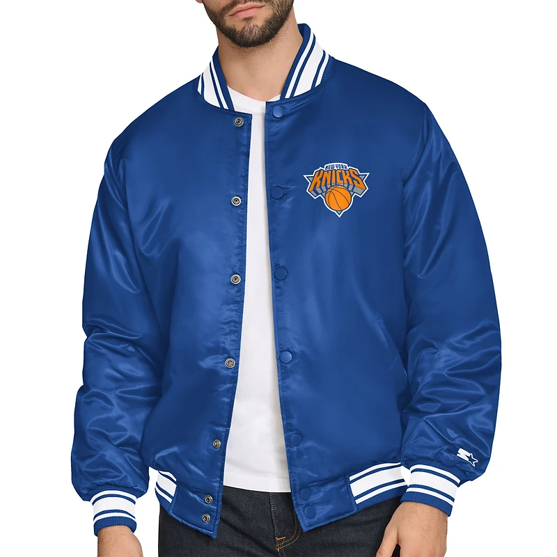 Men's Starter Blue New York Knicks Printed Team Logo Satin Varsity Full-Snap Jacket