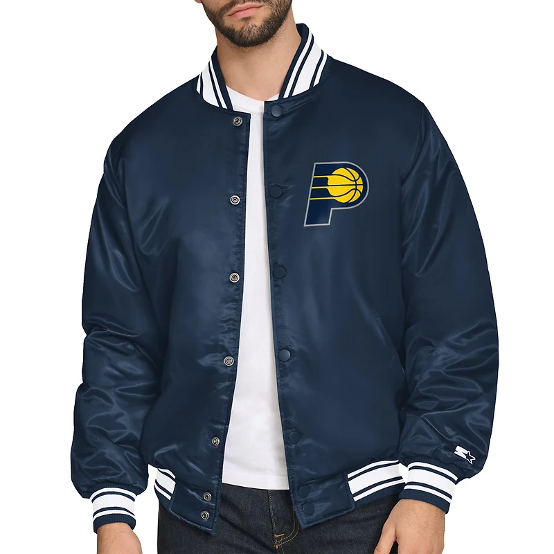 Men's Starter Navy Indiana Pacers Printed Team Logo Satin Varsity Full-Snap Jacket
