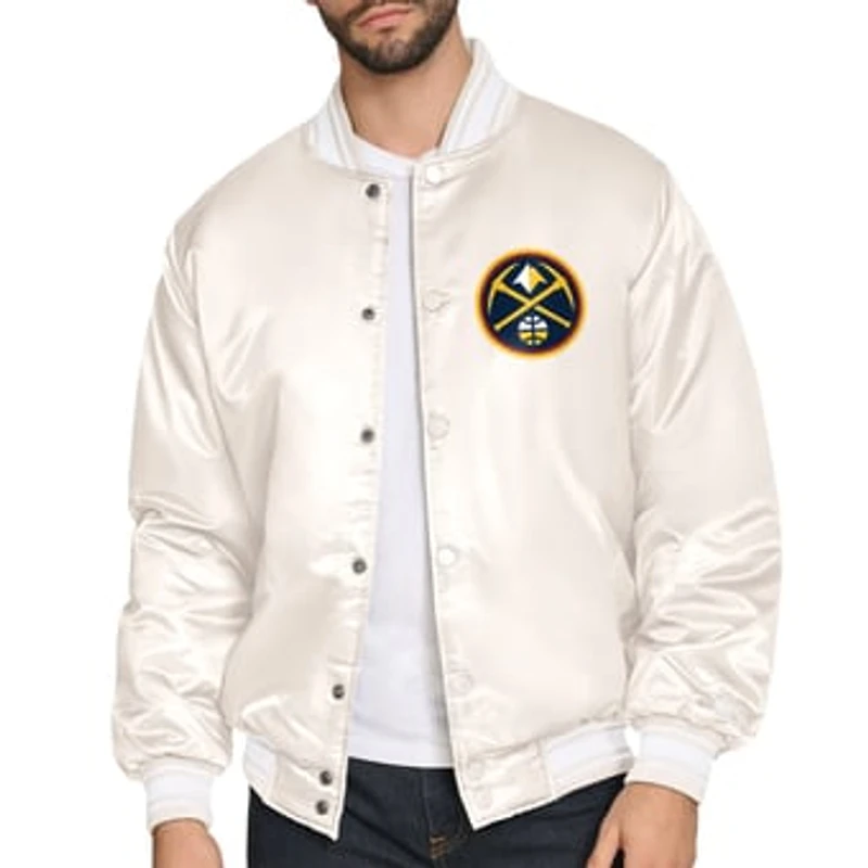 Men's Starter Cream Denver Nuggets Double Team Satin Varsity Full-Snap Jacket