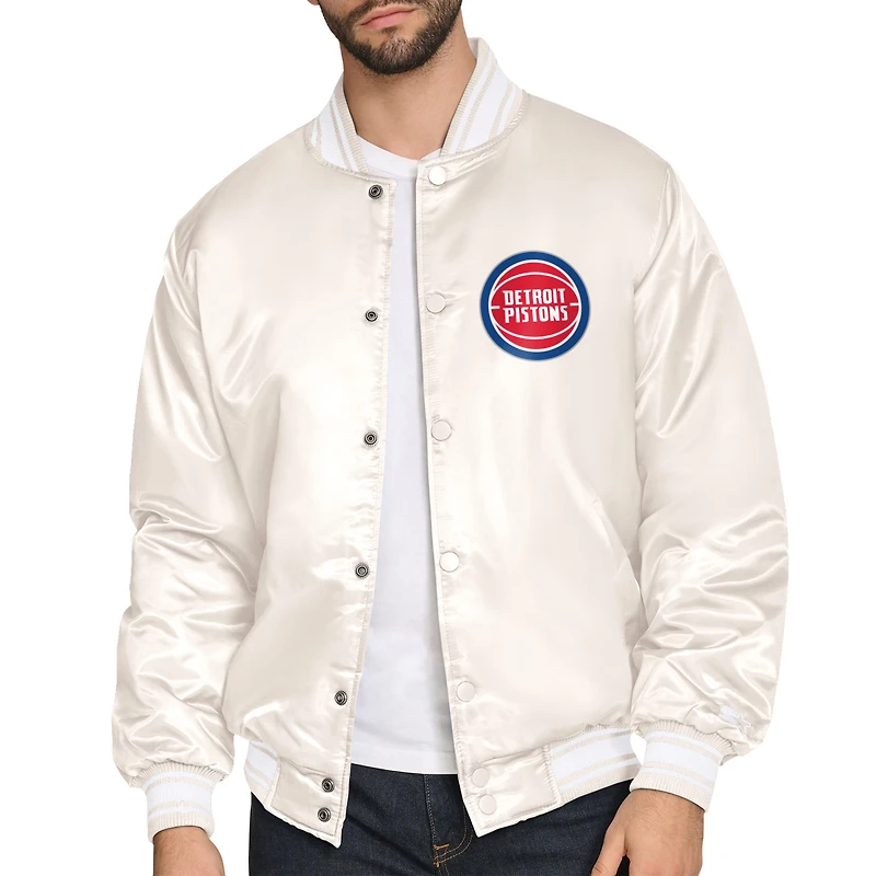Men's Starter Cream Detroit Pistons Double Team Satin Varsity Full-Snap Jacket