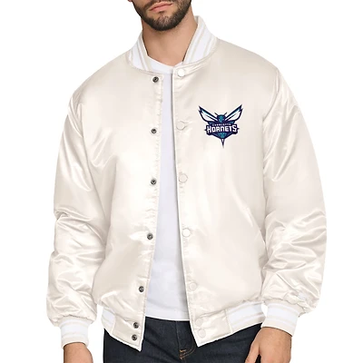 Men's Starter Cream Charlotte Hornets Double Team Satin Varsity Full-Snap Jacket