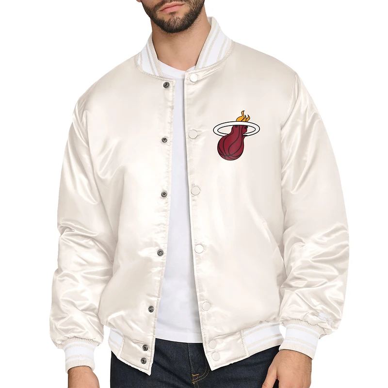 Men's Starter Cream Miami Heat Double Team Satin Varsity Full-Snap Jacket