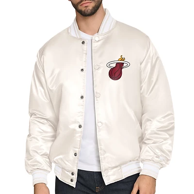 Men's Starter Cream Miami Heat Double Team Satin Varsity Full-Snap Jacket