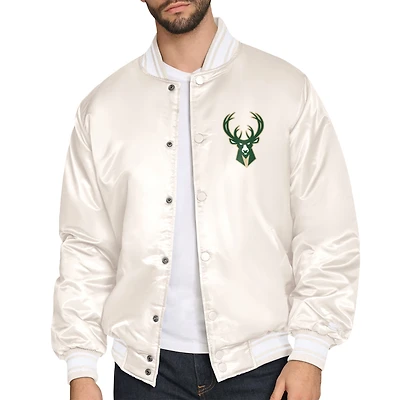 Men's Starter Cream Milwaukee Bucks Double Team Satin Varsity Full-Snap Jacket