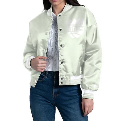 Women's Starter Green Sacramento Kings Printed Script Cropped Satin Varsity Full-Snap Jacket