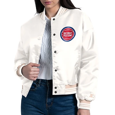Women's Starter Cream Detroit Pistons Printed Logo Cropped Satin Varsity Full-Snap Jacket