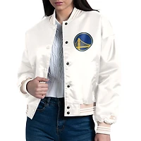 Women's Starter Cream Golden State Warriors Printed Logo Cropped Satin Varsity Full-Snap Jacket