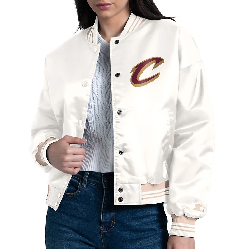 Women's Starter Cream Cleveland Cavaliers Printed Logo Cropped Satin Varsity Full-Snap Jacket