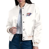 Women's Starter Cream Oklahoma City Thunder Printed Logo Cropped Satin Varsity Full-Snap Jacket
