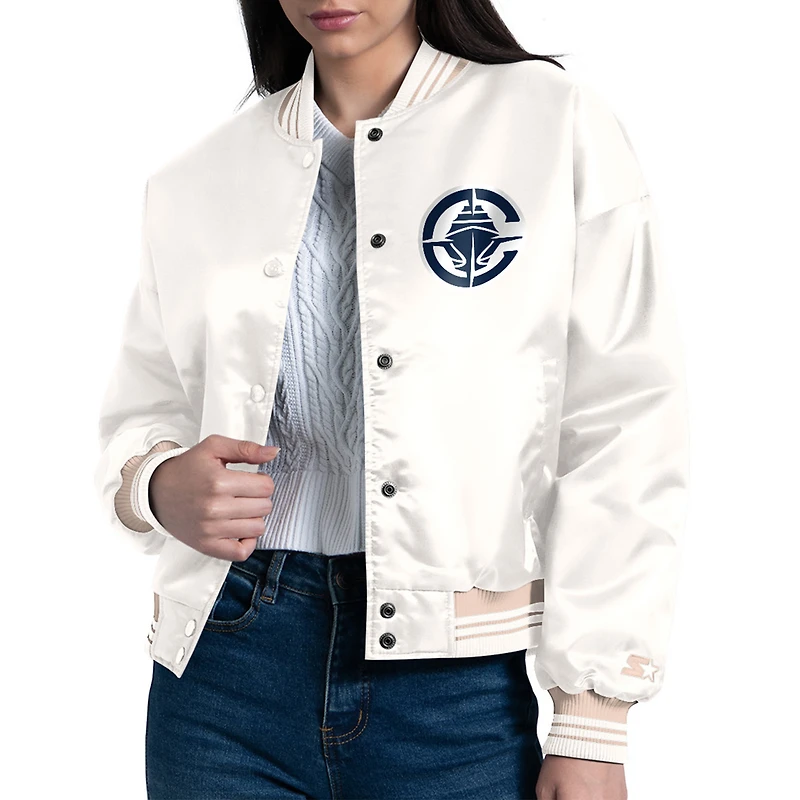 Women's Starter Cream LA Clippers Printed Logo Cropped Satin Varsity Full-Snap Jacket