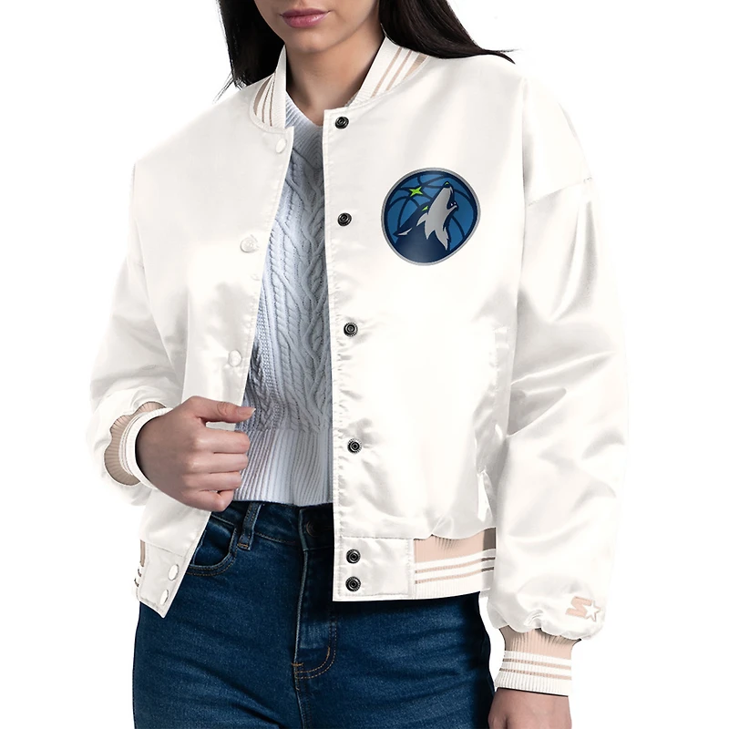 Women's Starter Cream Minnesota Timberwolves Printed Logo Cropped Satin Varsity Full-Snap Jacket