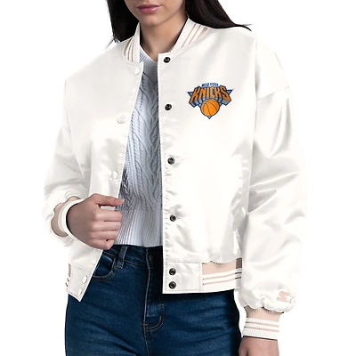Women's Starter Cream New York Knicks Printed Logo Cropped Satin Varsity Full-Snap Jacket
