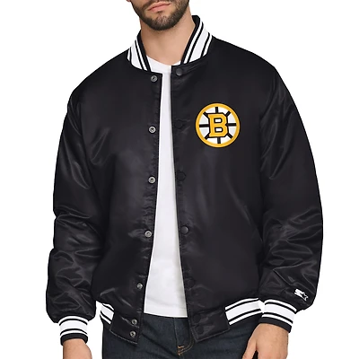 Men's Starter Black Boston Bruins Triangle Satin Varsity Full-Snap Jacket