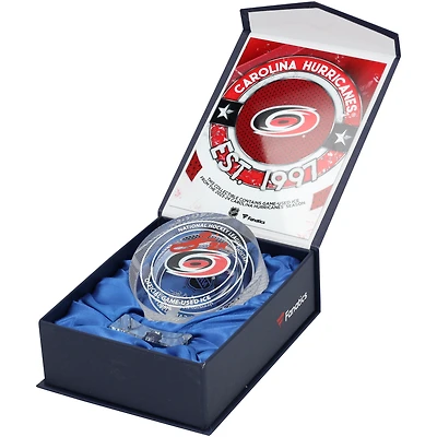 Seth Jarvis Carolina Hurricanes Autographed Crystal Puck - Filled with Game-Used Ice from the 2023-24 Season